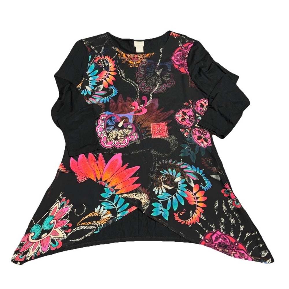 Chicos Size 0 Small Mixed Media Long Sleeve Black Art To Wear Floral Geo Design